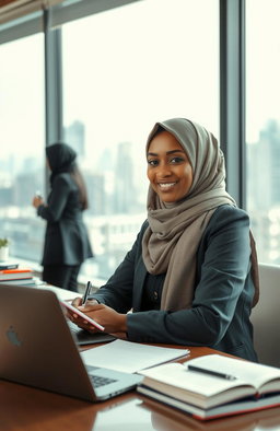A productive Muslim woman working diligently in a modern office environment