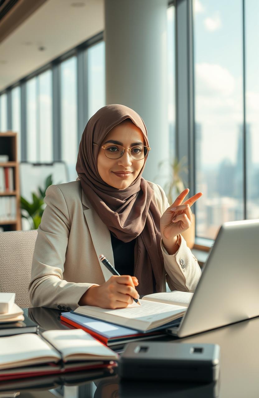 A productive Muslim woman working diligently in a modern office environment