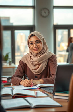 A productive Muslim woman working diligently in a modern office environment