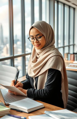 A productive Muslim woman working diligently in a modern office environment