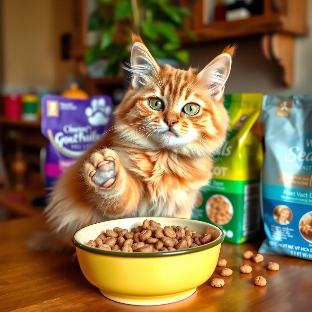A cute cat delicately tasting a bowl of gourmet cat food, featuring a fluffy ginger tabby with bright green eyes, sitting on a kitchen counter surrounded by colorful pet food packaging