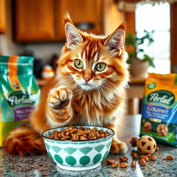 A cute cat delicately tasting a bowl of gourmet cat food, featuring a fluffy ginger tabby with bright green eyes, sitting on a kitchen counter surrounded by colorful pet food packaging