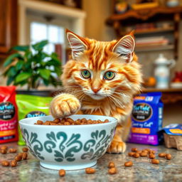 A cute cat delicately tasting a bowl of gourmet cat food, featuring a fluffy ginger tabby with bright green eyes, sitting on a kitchen counter surrounded by colorful pet food packaging