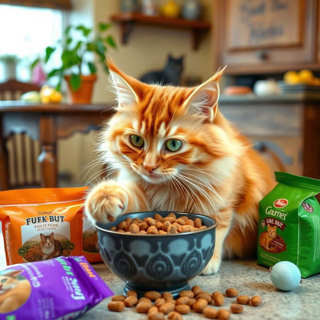 A cute cat delicately tasting a bowl of gourmet cat food, featuring a fluffy ginger tabby with bright green eyes, sitting on a kitchen counter surrounded by colorful pet food packaging