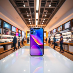 A stunning display of the new iPhone 15 Promax prominently positioned in the foreground, showcasing its sleek design and vibrant colors