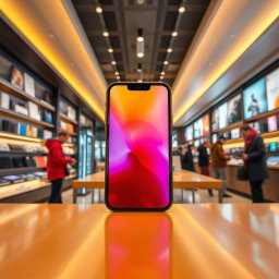 A stunning display of the new iPhone 15 Promax prominently positioned in the foreground, showcasing its sleek design and vibrant colors