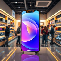 A stunning display of the new iPhone 15 Promax prominently positioned in the foreground, showcasing its sleek design and vibrant colors