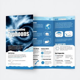 A tri-fold brochure design featuring informative content about typhoons, including their formation, impact, and safety tips