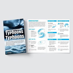 A tri-fold brochure design featuring informative content about typhoons, including their formation, impact, and safety tips