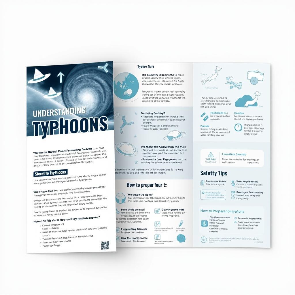 A tri-fold brochure design featuring informative content about typhoons, including their formation, impact, and safety tips