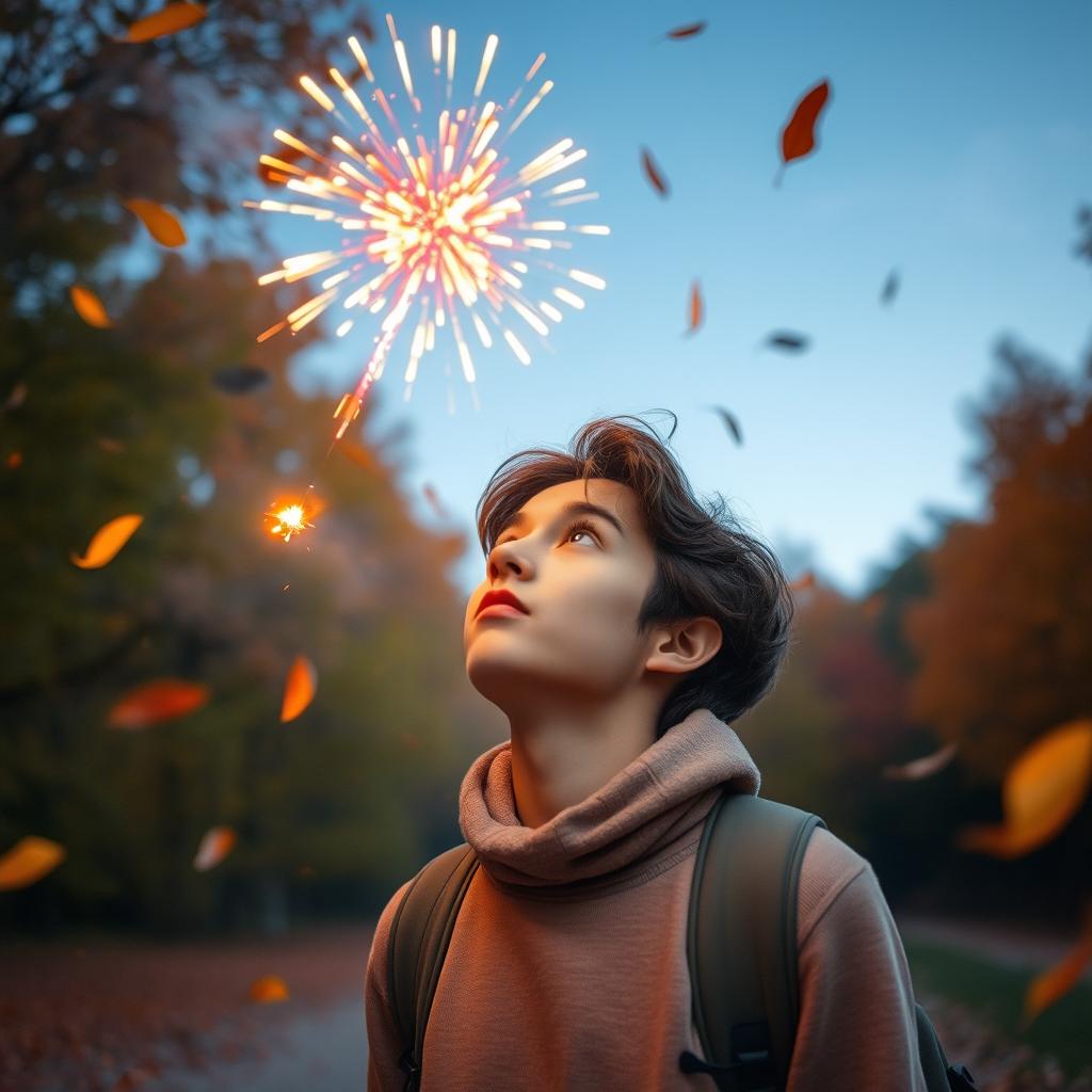 A colorful-eyed wanderer in September throws fireworks into the sky amidst a backdrop of vibrant autumn foliage