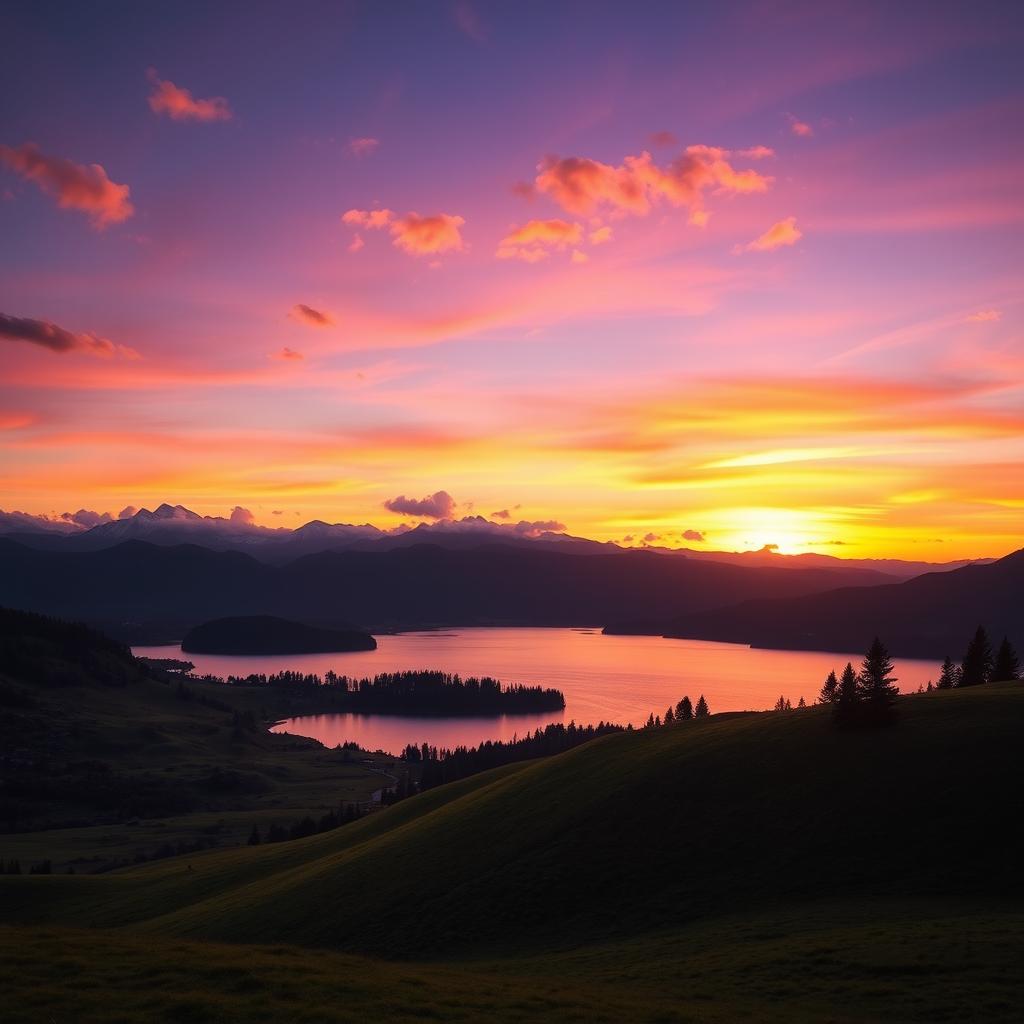 A serene landscape at sunset, showcasing a glowing horizon with vibrant orange and purple hues blending into each other, casting a warm light on the lush green hills in the foreground
