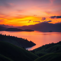 A serene landscape at sunset, showcasing a glowing horizon with vibrant orange and purple hues blending into each other, casting a warm light on the lush green hills in the foreground