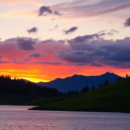 A serene landscape at sunset, showcasing a glowing horizon with vibrant orange and purple hues blending into each other, casting a warm light on the lush green hills in the foreground