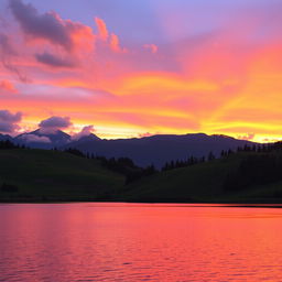 A serene landscape at sunset, showcasing a glowing horizon with vibrant orange and purple hues blending into each other, casting a warm light on the lush green hills in the foreground