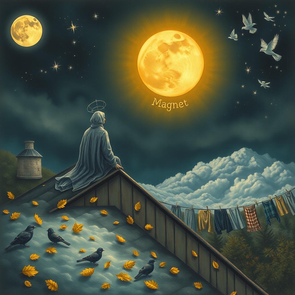 An artistic representation of the passage of time, depicting a mystical unseen presence sitting on a rooftop