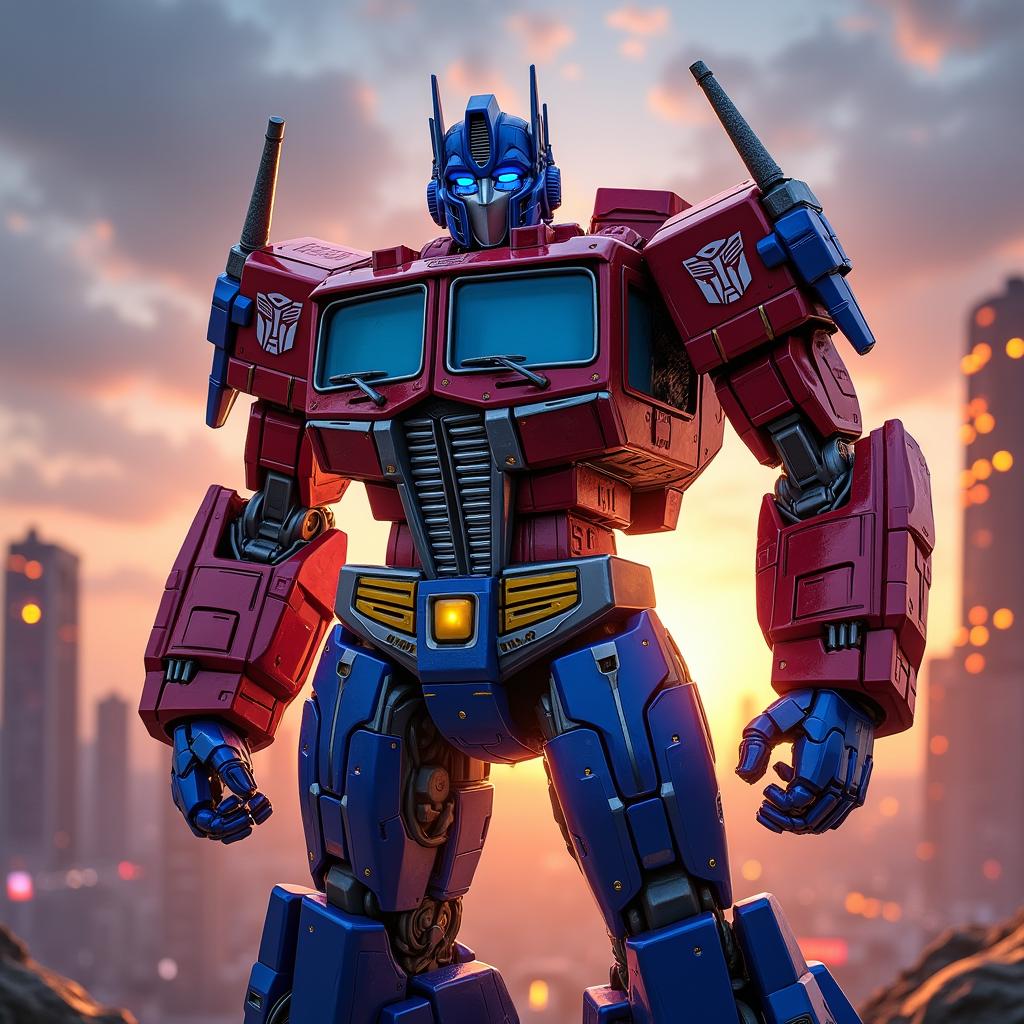 A detailed and dynamic portrayal of Optimus Prime, the iconic leader of the Autobots, showcasing his blue and red armor, prominent Autobot insignia, and the powerful truck mode