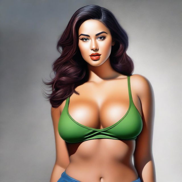 A hyper-realistic digital painting showcasing a stylish girl with a voluptuous figure