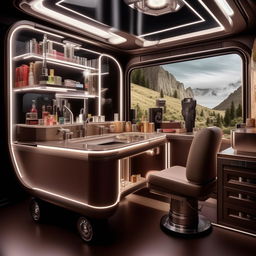 Draw a detailed plan of a lavish celebrity vanity van with a smart design that encompasses all the necessary amenities for a celebrity on a film set.