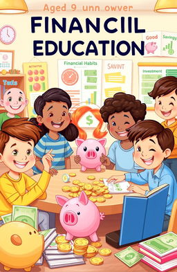 A vibrant and engaging children's book illustration showcasing a diverse group of children aged 9 and over, happily learning about financial education