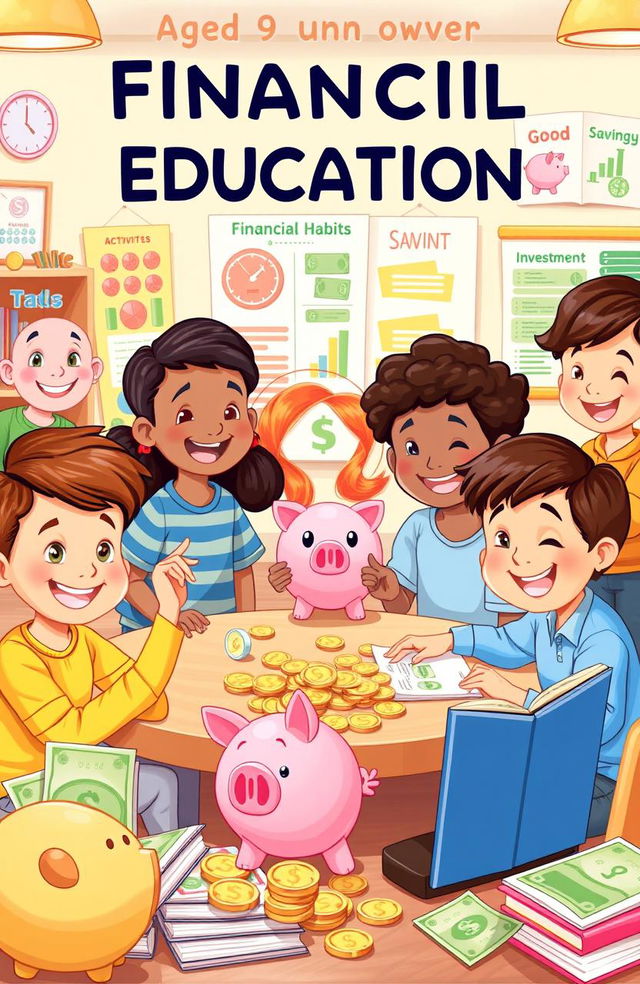 A vibrant and engaging children's book illustration showcasing a diverse group of children aged 9 and over, happily learning about financial education