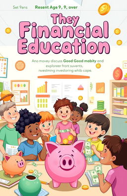 A vibrant and engaging children's book illustration showcasing a diverse group of children aged 9 and over, happily learning about financial education
