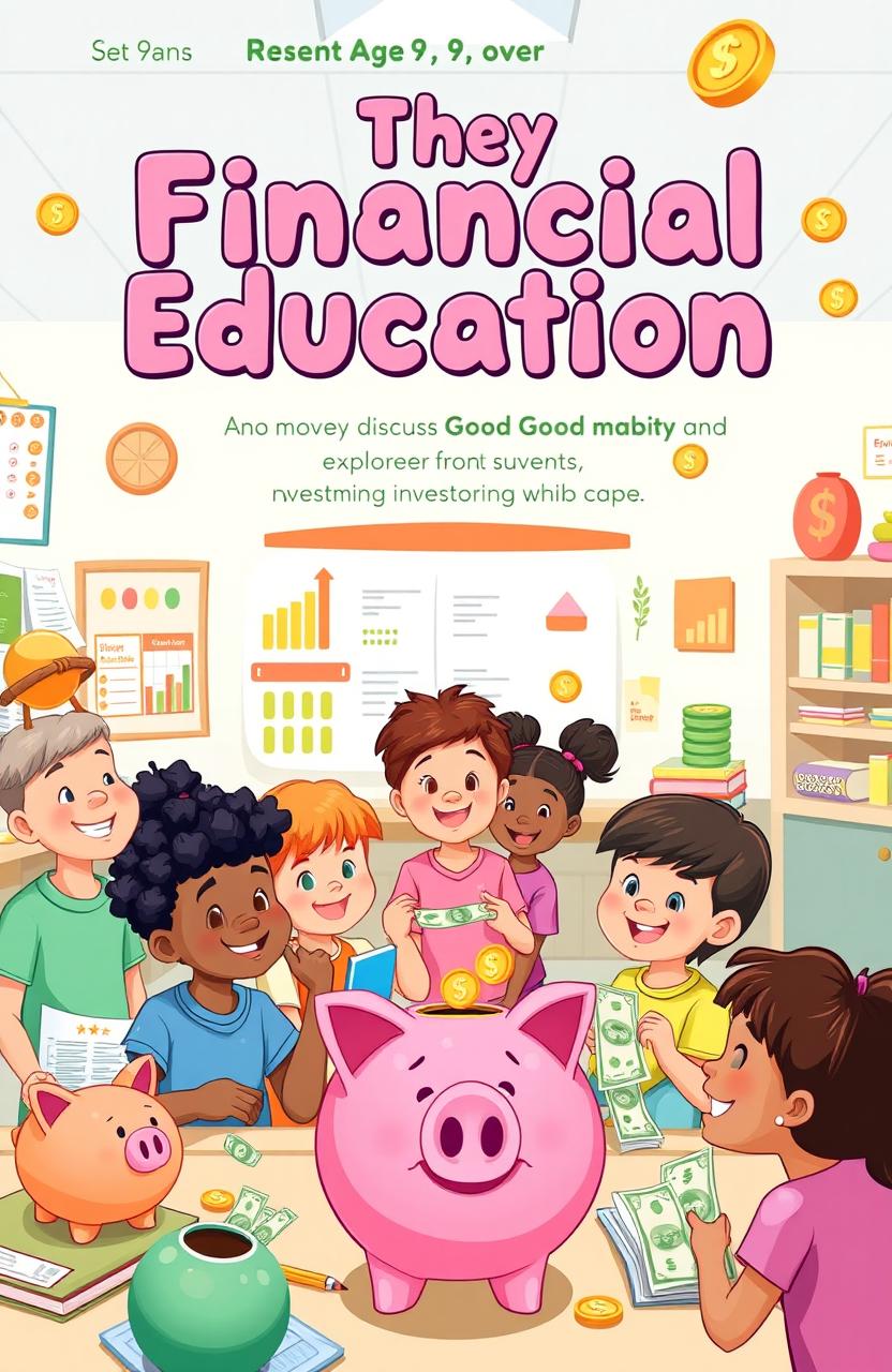 A vibrant and engaging children's book illustration showcasing a diverse group of children aged 9 and over, happily learning about financial education