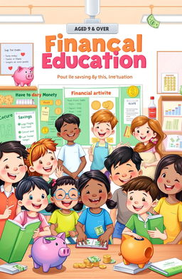 A vibrant and engaging children's book illustration showcasing a diverse group of children aged 9 and over, happily learning about financial education