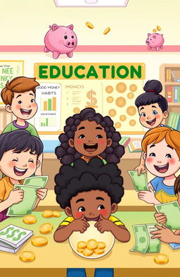 A vibrant and engaging children's book illustration showcasing a diverse group of children aged 9 and over, happily learning about financial education