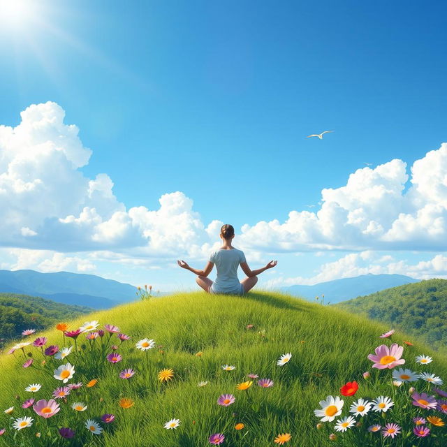 A serene and calming landscape depicting mental health awareness, featuring a peaceful person practicing mindfulness meditation on a grassy hilltop