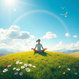 A serene and calming landscape depicting mental health awareness, featuring a peaceful person practicing mindfulness meditation on a grassy hilltop
