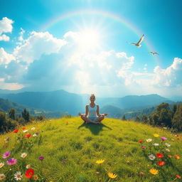 A serene and calming landscape depicting mental health awareness, featuring a peaceful person practicing mindfulness meditation on a grassy hilltop