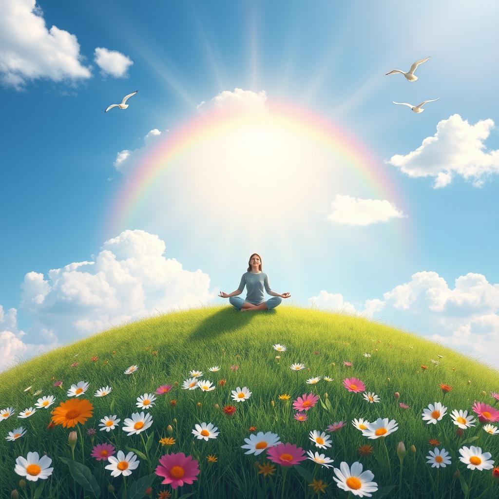 A serene and calming landscape depicting mental health awareness, featuring a peaceful person practicing mindfulness meditation on a grassy hilltop
