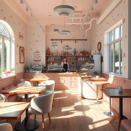 A charming and cozy coffee shop decorated with pastel colors and floral patterns