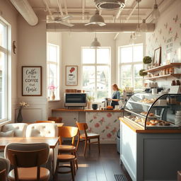 A charming and cozy coffee shop decorated with pastel colors and floral patterns