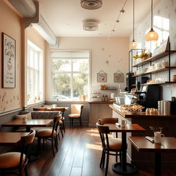 A charming and cozy coffee shop decorated with pastel colors and floral patterns