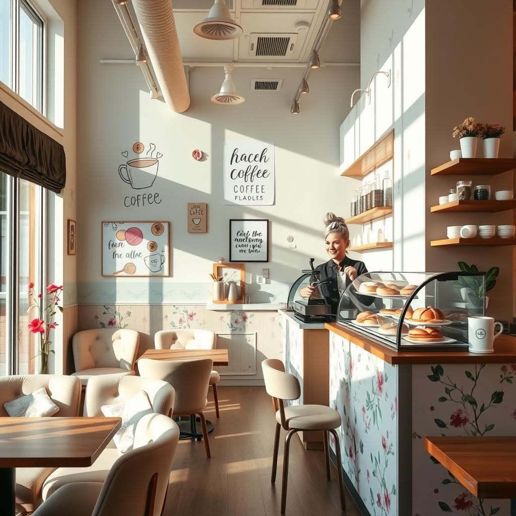 A charming and cozy coffee shop decorated with pastel colors and floral patterns