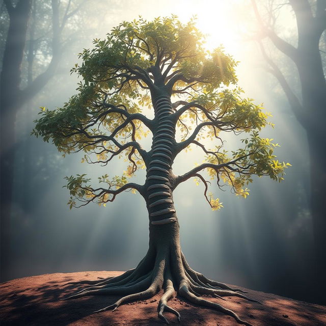 A surreal and imaginative scene of a tree intricately shaped like a human spinal cord, with its roots resembling the base of the spine and branches extending outward like vertebrae