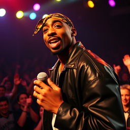 A dynamic portrait of Tupac Shakur during a music performance, featuring him wearing a black leather jacket and a bandana