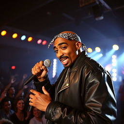 A dynamic portrait of Tupac Shakur during a music performance, featuring him wearing a black leather jacket and a bandana