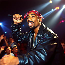 A dynamic portrait of Tupac Shakur during a music performance, featuring him wearing a black leather jacket and a bandana