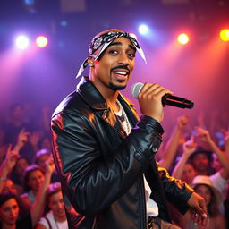 A dynamic portrait of Tupac Shakur during a music performance, featuring him wearing a black leather jacket and a bandana