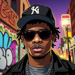 A stylized portrait of Eazy-E, a prominent figure in hip-hop culture, wearing his signature black baseball cap and sunglasses