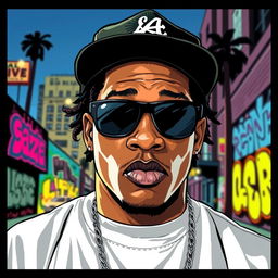 A stylized portrait of Eazy-E, a prominent figure in hip-hop culture, wearing his signature black baseball cap and sunglasses