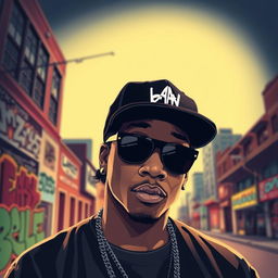 A stylized portrait of Eazy-E, a prominent figure in hip-hop culture, wearing his signature black baseball cap and sunglasses