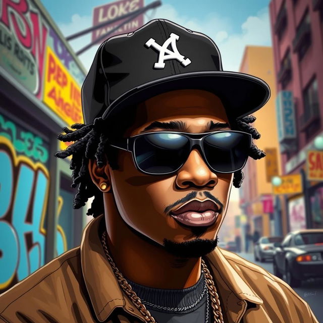 A stylized portrait of Eazy-E, a prominent figure in hip-hop culture, wearing his signature black baseball cap and sunglasses
