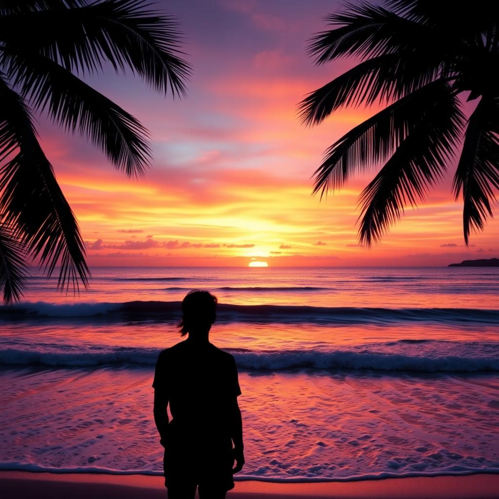 A stunning photo edit featuring a vibrant sunset over a calm ocean, with waves gently lapping against the shore