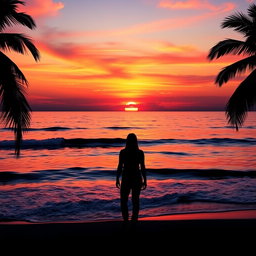 A stunning photo edit featuring a vibrant sunset over a calm ocean, with waves gently lapping against the shore