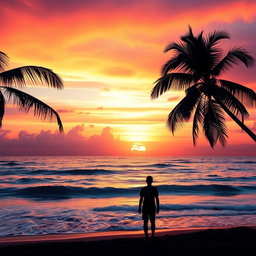 A stunning photo edit featuring a vibrant sunset over a calm ocean, with waves gently lapping against the shore
