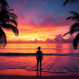 A stunning photo edit featuring a vibrant sunset over a calm ocean, with waves gently lapping against the shore